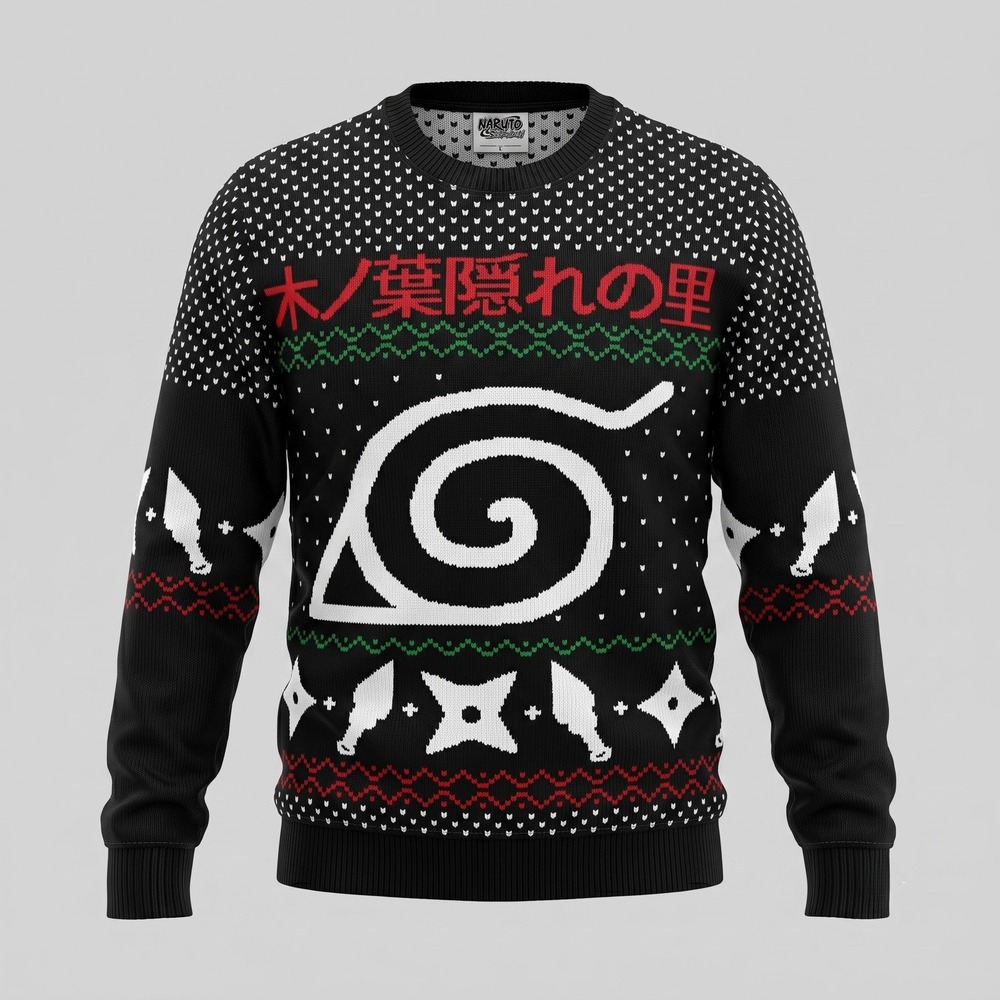 Ripple Junction Mens‎ Large Black Sweater Naruto Shippuden Hidden Leaf FairIsle